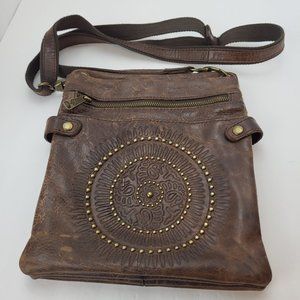 Patricia Nash Francesca Brown Vintage Leather Studded Circle Crossbody Purse
